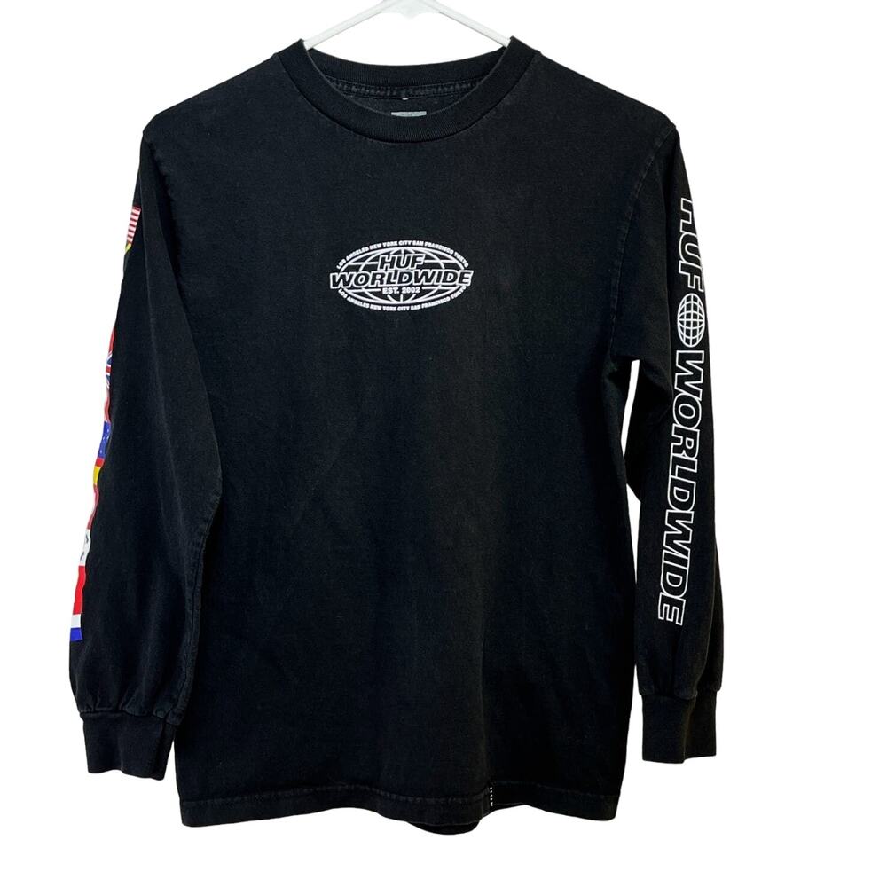 HUF Skateboards Black T Shirt L/S Sleeve Graphics World Flags Men's Small Cotton